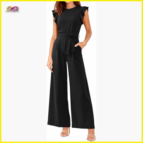 Crew Neck Cap Sleeve Jumpsuit High Waist Wide Leg Romper Belted Casual